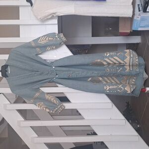 Greek Arcaic Kori Seafoam Color Linen Dress Gold Embroidery szXS missing  sash